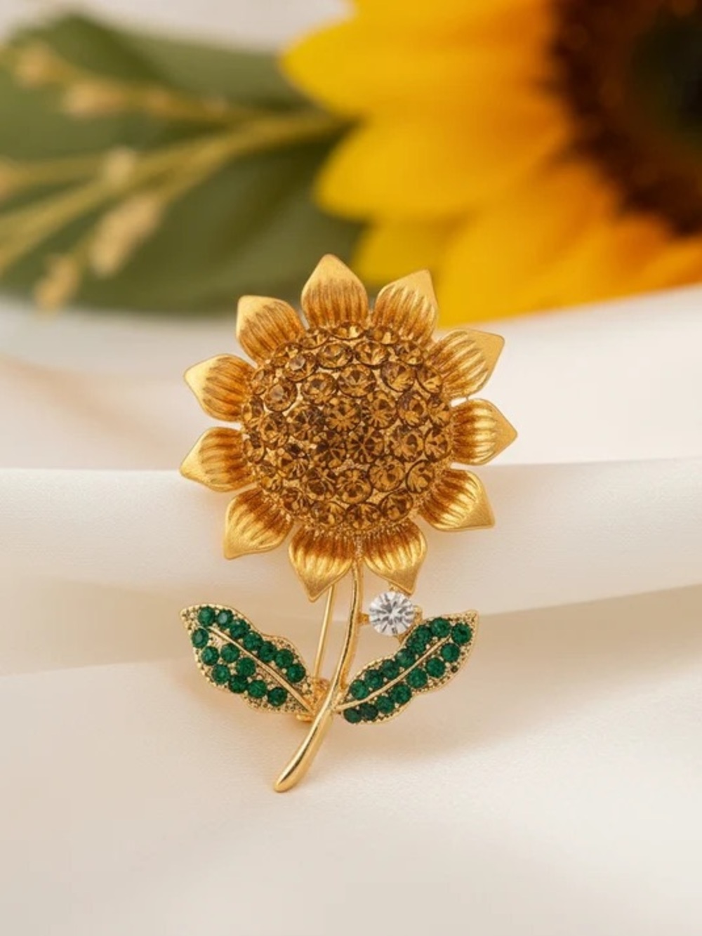 Gold Sunflower Brooch with Green Crystal Leaves